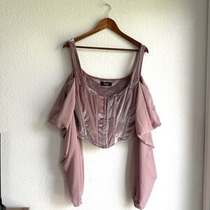 NWT AKIRA Womens Shirt Pink Velvet Corset Off The Shoulder Chiffon Sleeves 2X